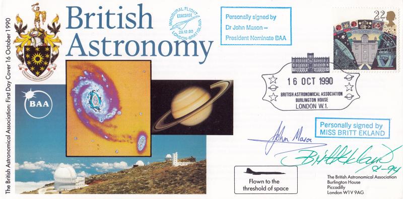 1990 (10) Astronomy - Cambridge British Astronomical Association (Burlington House) Official - 22p - Signed by John Mason & Britt Ekland