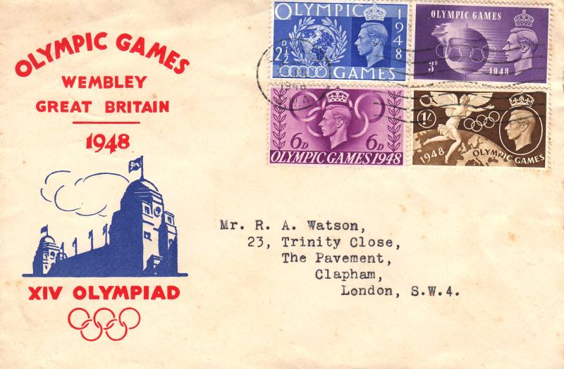 1948 (07) Olympics - Blue 'Twin Towers' Cover - Clapham Wavy Line Slogan