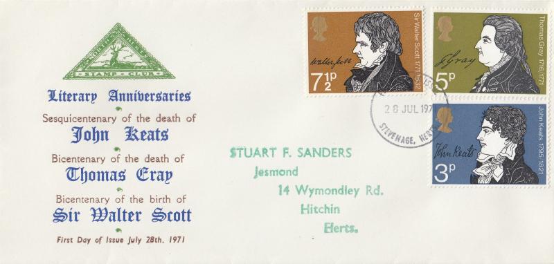 1971 (07) Literary Anniversaries - North Herts Stamp Club Cover - Stevenage FDI