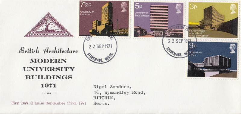 1971 (09) Universities - North Herts Stamp Club Cover - Stevenage FDI