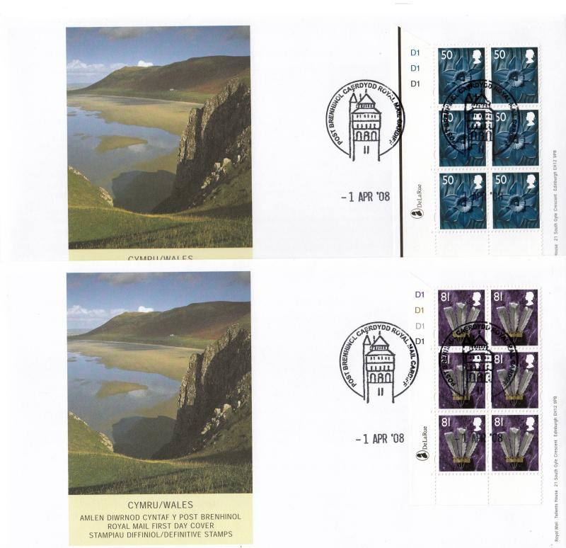 2008 (04) 50p+81p Welsh Regional Definitives - PAIR of RM Covers - Cylinder Blocks of 6 - Cardiff Counter H/S