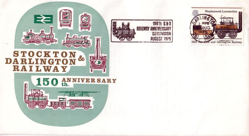 1975 (08) Railways - Stockton & Darlington Railway Cover - 7p - 150th S&D Railway Anniversary, Darlington Slogan