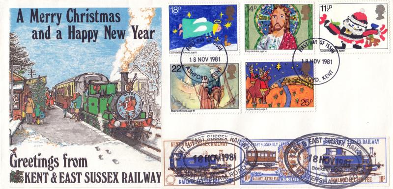 1981 (11) Christmas - Kent & East Sussex Railway Cover - Ashford FDI + 3 Letter Stamps & Cancels