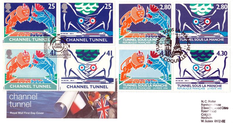 1994 (05) Channel Tunnel - RM - Both UK & French Sets on One Cover - Folkestone & Coquelles H/S's