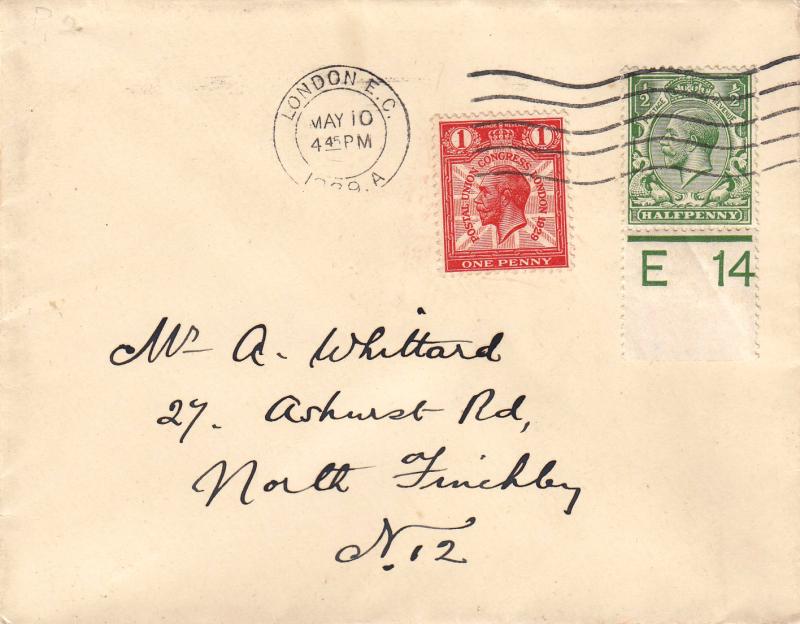 1929 (05) Postal Union Congress - 1d Red - Plain - London EC Wavy Line Slogan