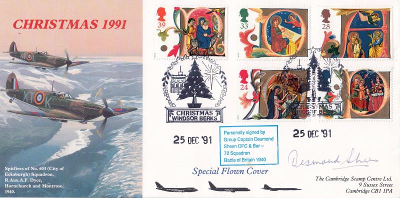 1991 (12) Christmas - Cambridge Stamp Centre Special - Windsor (Tree) H/S - Signed by Group Captain Desmond Sheen DFC*