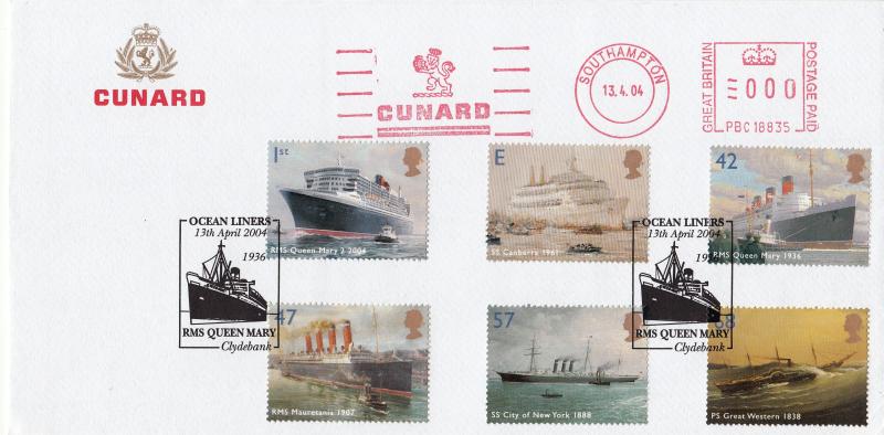 2004 (04) Ocean Liners (Stamps) - Cunard Cover - RMS Queen Mary H/S + Cunard Meter Mark