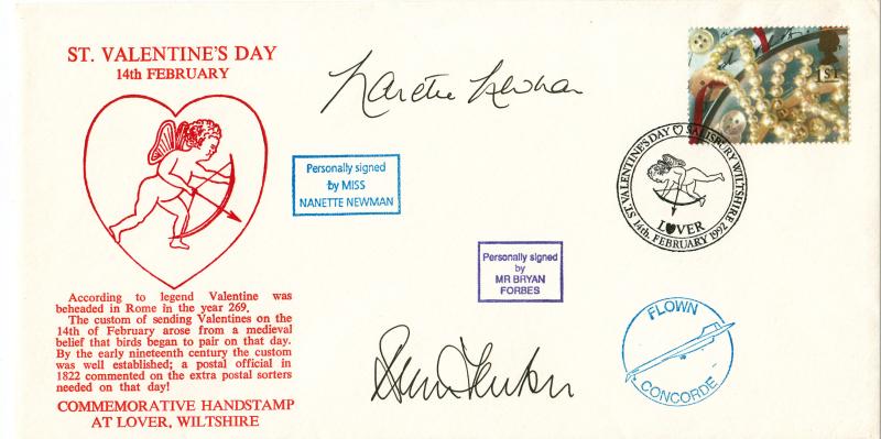 1992 (02) Greetings - Cambridge Stamp Centre 'St Valentine's Day' Special - Lover, Salisbury H/S - Double signed by the late Bryan Forbes & Nanette Newman