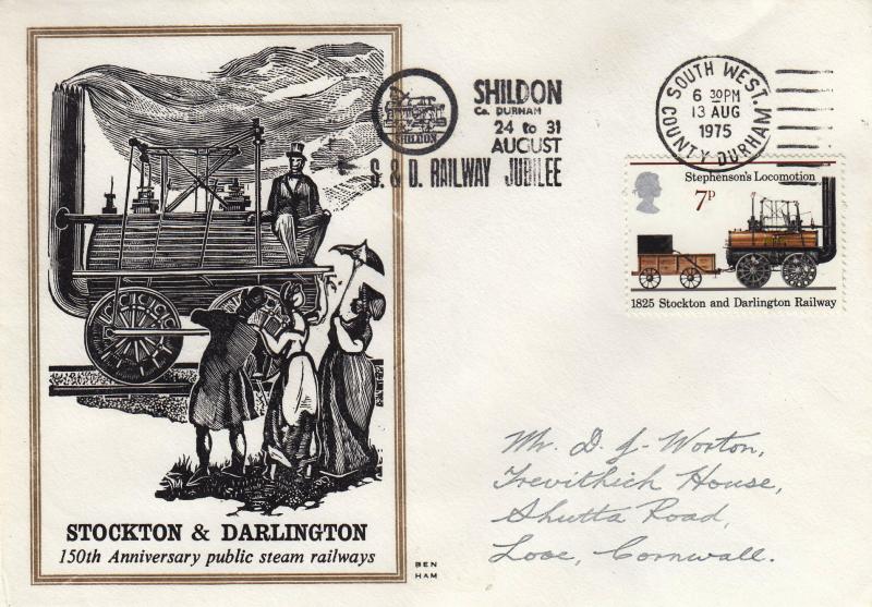 1975 (08) Stockton & Darlington Railway - Benham Engraved - 7p - S&D Railway Jubilee Shildon Co, Durham Slogan