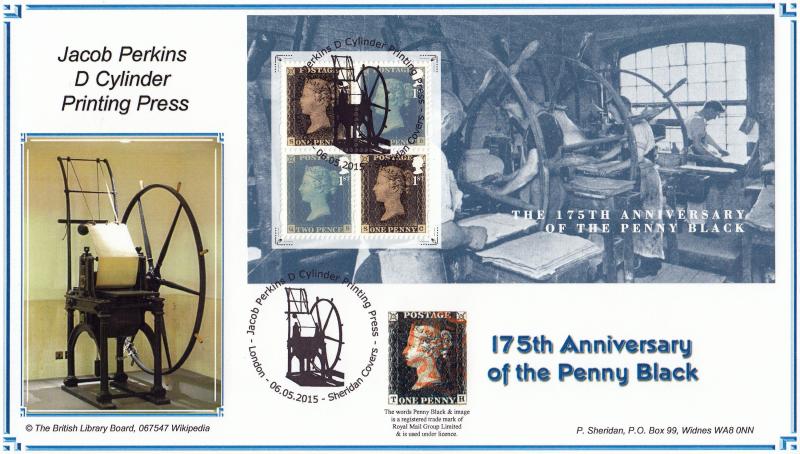 2015 (05) Penny Black Miniature Sheet - Sheridan Jacob Perkins D Cylinder Printing Press Official