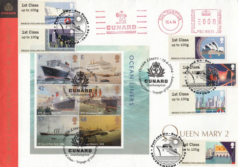 2004 (04) Ocean Liners (M/S) - Cunard QM2 Cover - Cunard H/S + Cunard Meter Mark - Then DOUBLED with the 2015 Post & Go 'Sea Travel' Set