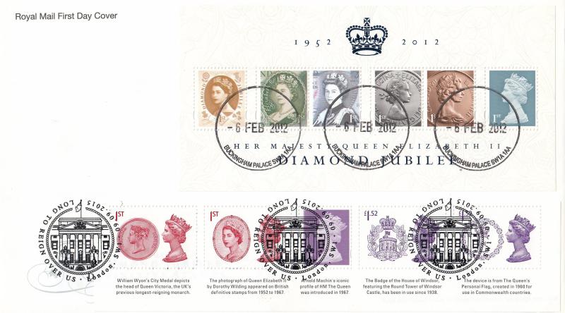 2012 (02) Diamond Jubilee M/S - RM - Buckingham Palace CDS - Then DOUBLED with the top strip of the 2015 Long To Reign Over Us M/S