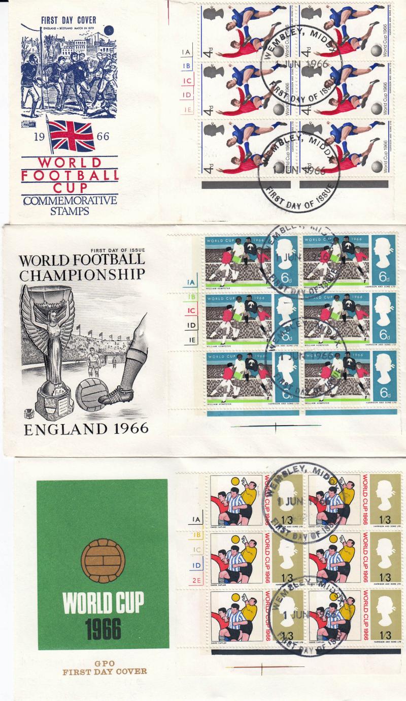 1966 (06) World Cup - Ord - 3 Covers - Each with a Cylinder Block of 6 - Wembley FDI