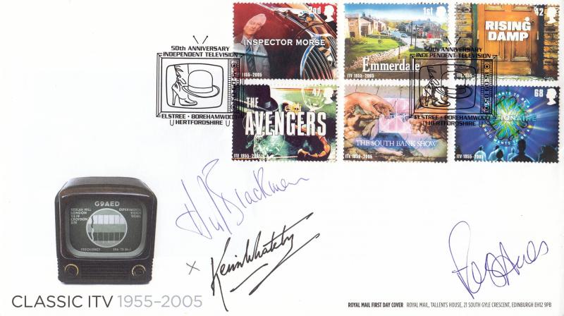 2005 (09) Classic ITV - RM - Elstree H/S - Triple Signed by Honour Blackman, Fraser Hines & Kevin Whately