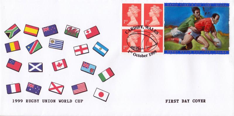1999 (10) Rugby World Cup Label - Privately Produced 'Flags' Cover - Cardiff (Rugby Ball) H/S