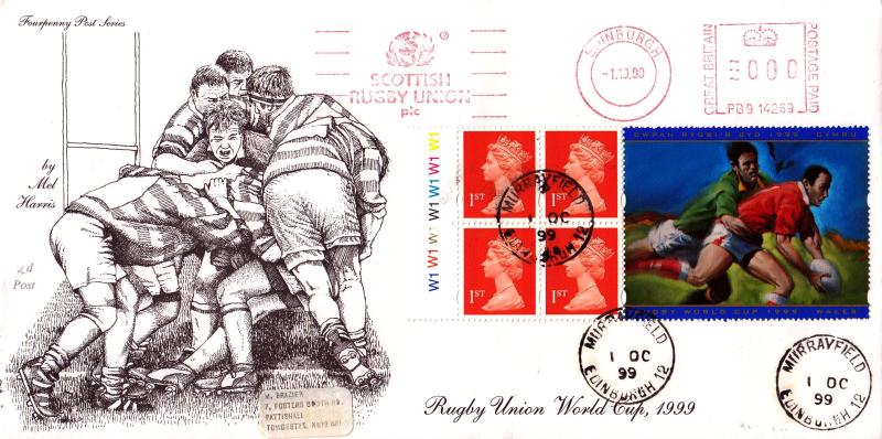 1999 (10) Rugby World Cup Label - 4d Post - Murrayfield CDS + Scottish Rugby Union Meter Mark (Cylinder No Version)