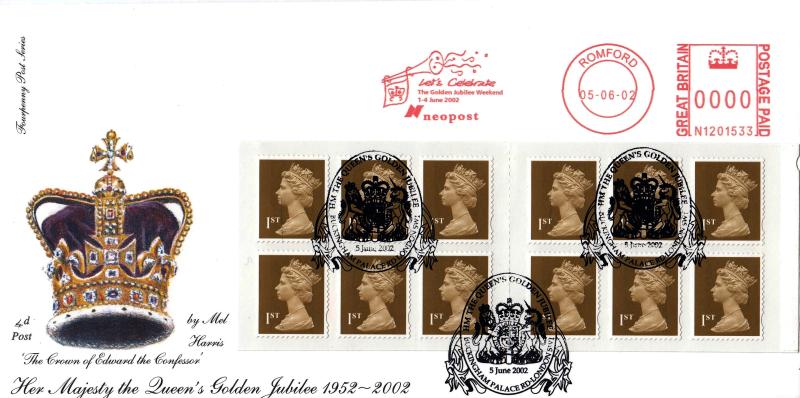 2002 (06) Queen's Golden Jubilee 'Golden Definitives' 1st Class Booklet - 4d Post - Buckingham Palace Rd H/S + Neopost Golden Jubilee Weekend Meter Mark (TIED)
