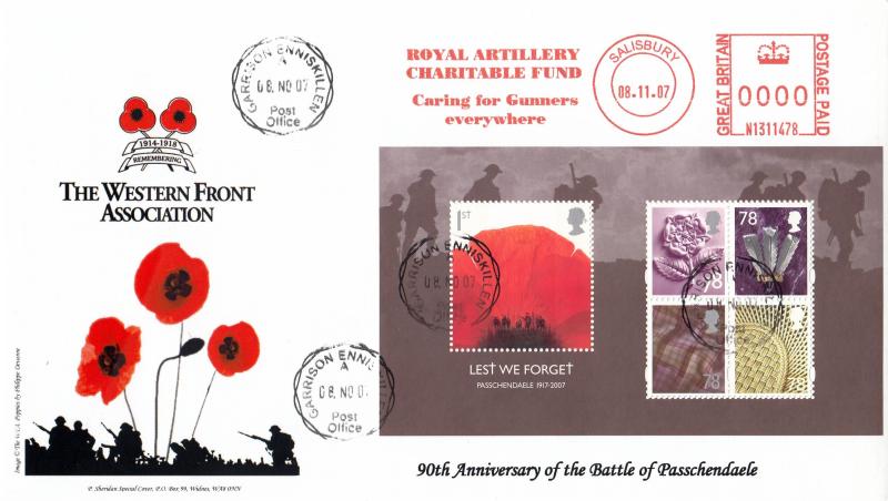 2007 (11) Lest We Forget M/S - Sheridan 'Western Front Association' Official - Garrison CDS + Royal Artillery Charitable Fund Meter Mark