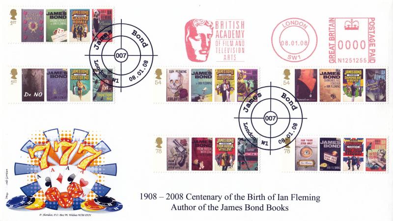 2008 (01) James Bond (Stamps) - Sheridan '007 London W1' Special - James Bond, W1 H/S + BAFTA Meter Mark