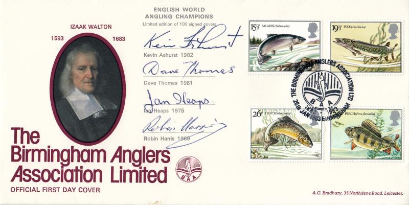 1983 (01) British River Fishes - Bradbury Birmingham Anglers Association Official - Signed by FOUR English World Angling Champions