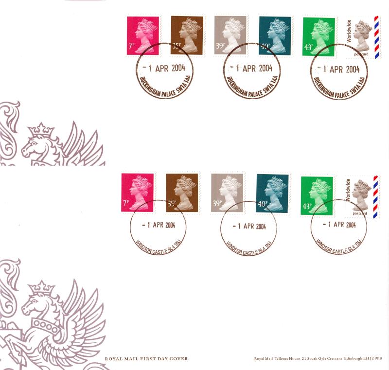 2004 (04) New Definitives & Worldwide Postcard NVI - PAIR of RM Covers - Buckingham Palace CDS & Windsor Castle CDS
