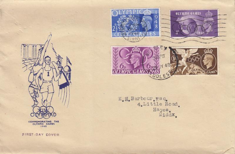 1948 (07) Olympics - Ubique Stamp Co Blue 'Athlete' Cover - Olympic Games, Wembley Slogan + Wembley CDS