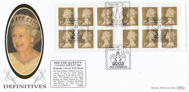 2002 (06) Queen's Golden Jubilee 'Golden Definitives' 12x1st Class Booklet (Walsall) - Benham D384 - London SW1 H/S