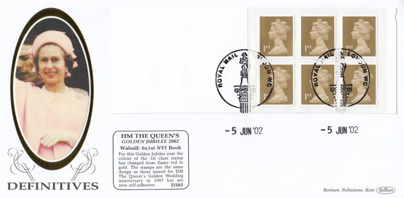 2002 (06) Queen's Golden Jubilee 'Golden Definitives' 6x1st Class Booklet (Walsall) - Benham D385 - Trafalgar Square 'Nelsons Column' Counter H/S