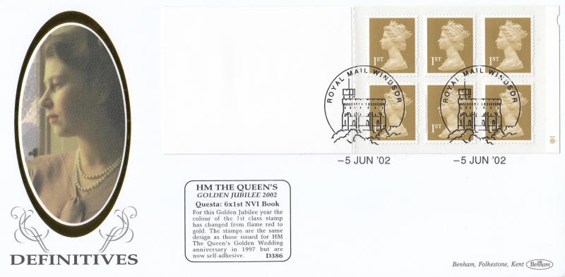 2002 (06) Queen's Golden Jubilee 'Golden Definitives' 6x1st Class Booklet (Questa) - Benham D386 - Windsor Philatelic Counter H/S (Cylinder No Version)
