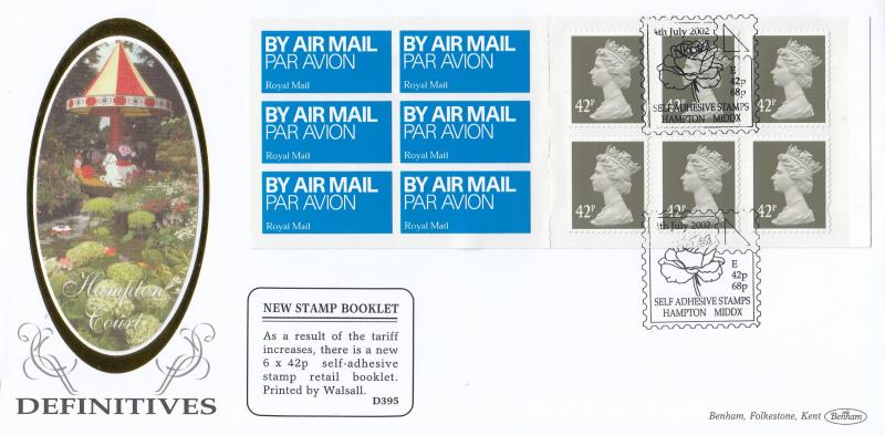 2002 (07) 42p Value Air Mail Booklet - Benham D395 - Self Adhesive Stamps, Hampton H/S