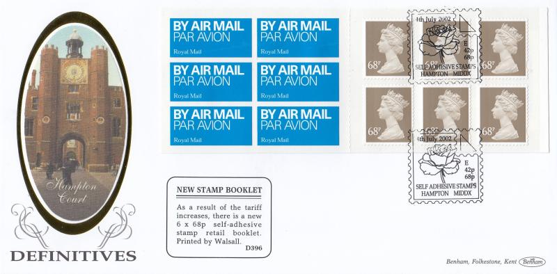 2002 (07) 68p Value Air Mail Booklet - Benham D396 - Self Adhesive Stamps, Hampton H/S